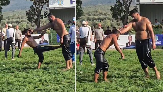 Havran’da Yağlı Güreşte Şok Eden An: Küçük Dev Adam Sosyal Medyayı Salladı!